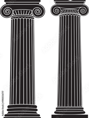 Two black silhouette ionic columns depicting classical architecture ancient history structural support historical building elements with historical landmark classical architecture building