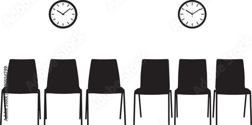 Empty waiting room illustration featuring six chairs and two wall clocks symbolizing patience delay anticipation business or medical office settings public space black and white patience hospital