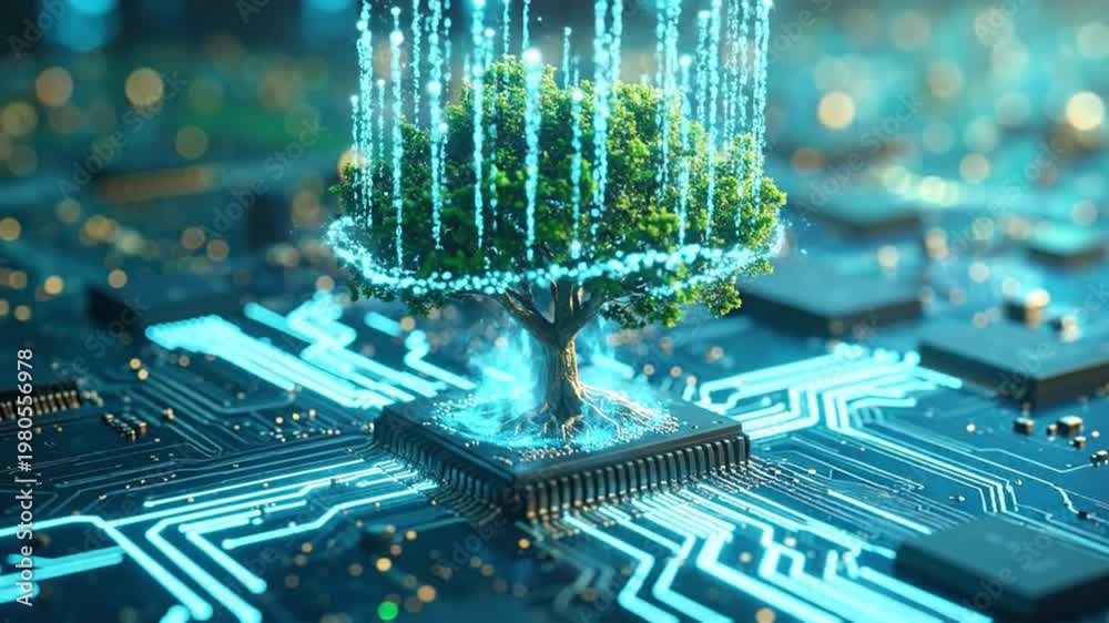 A digital tree growing on a computer chip, symbolizing technology and ...
