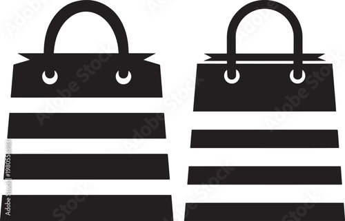 Two black silhouette shopping bags with horizontal white stripes representing retail purchases fashion consumer goods gift packaging shopping bag graphic design web design app icon purchase