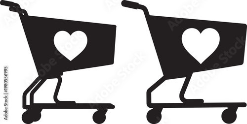 Two black silhouette shopping carts with white heart symbols representing online shopping wish list or favorite retail items and consumer desire shopping cart e commerce graphic design web design