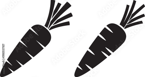 Two black silhouette carrot icons with root vegetable and leafy top details simple graphic design on white background vegetable silhouette ingredient vegetarian nutrition agriculture identical