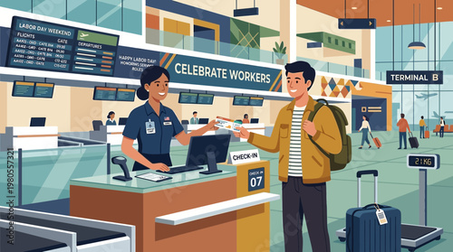 Traveler checking in at airport for Labor Day weekend illustration