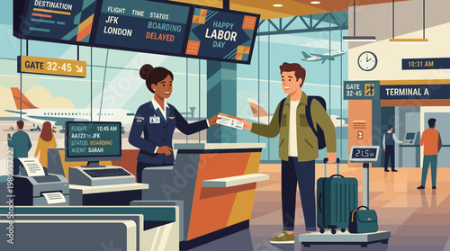 Traveler Checking In at Airport Gate for Labor Day Trip Illustration