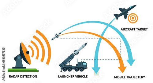 Surface to Air Missile Defense System Infographic Vector with Radar Detection and Aircraft Target.