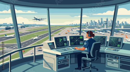 Air traffic controller managing flight operations in control tower