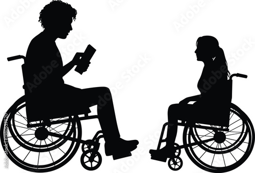 Wheelchair users silhouette illustration, people reading and sitting poses for accessibility and lifestyle design