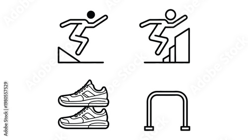 Parkour Essentials: A graphic illustration showcasing parkour elements: a figure leaping, obstacles, and the tools of the trade. Designed for sports, fitness, and training enthusiasts.