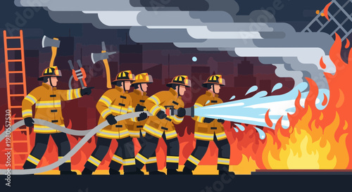 Group of Firefighters Battling Intense Blaze in City Illustration