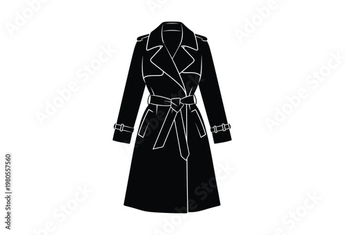 A black and white illustration of a classic trench coat design silhouette