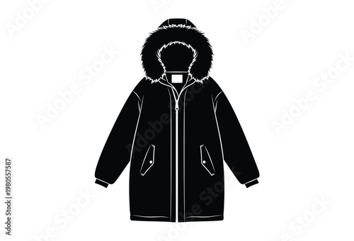 A black hooded parka coat design front view with fur trim a striking silhouette