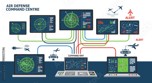 Air Defense Command Center Illustration with Radar Screens and Monitoring Interface