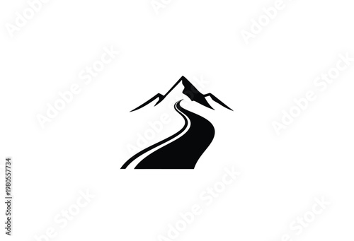 A winding road leads through a mountainous landscape presented as a striking silhouette