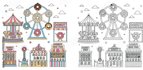 Donut Theme Amusement Park Fair Illustration with Ferris Wheel and Game Booths, Color and Line Art Set for Kids Coloring Book