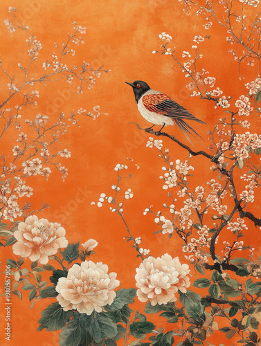 Orange background songbird flower branch blossom vintage painting bird illustration floral art oriental style spring season nature scene Orange background with songbird delicate flower branch
