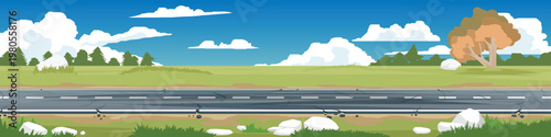 Horizontal or landscape of straight asphalt road with a rough surface. On the wide grassland. Ggrasses and trees growing on both sides. Forest and blue sky with white clouds. for banner background.
