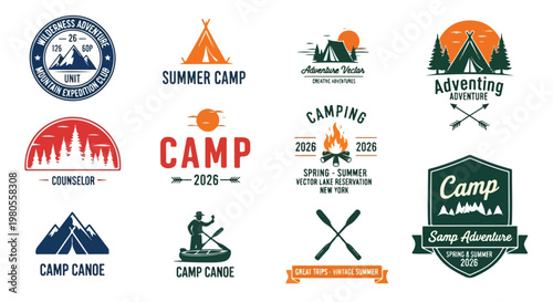 Vintage summer camp badges and outdoor adventure logos, set of 12 camping emblems with mountains and tents, wilderness expedition vector graphics