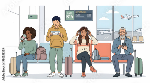 Travelers Waiting at Airport Terminal, Diverse People with Boarding Pass, Coffee, and Phone Flat Vector