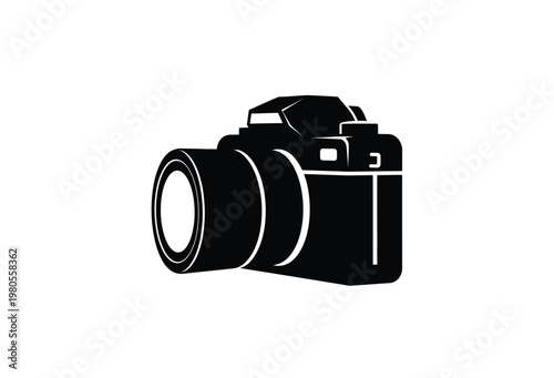 A striking black silhouette depicts a classic single lens reflex camera design silhouette