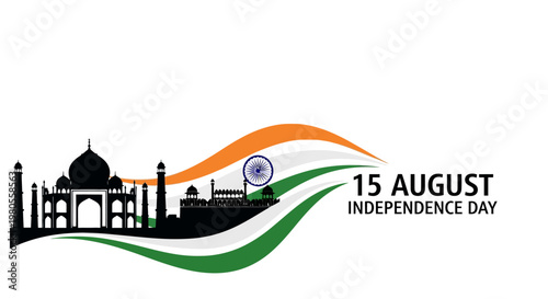 India Independence Day graphic with Taj Mahal silhouette and tricolor flag design.