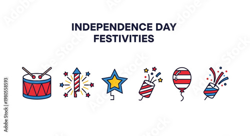 Set of American Independence Day holiday festive celebration icons.
