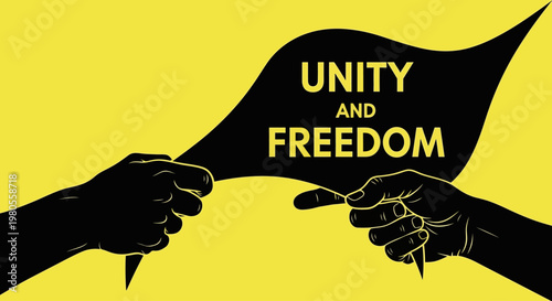 Two hands pulling apart a black banner with the text Unity and Freedom.