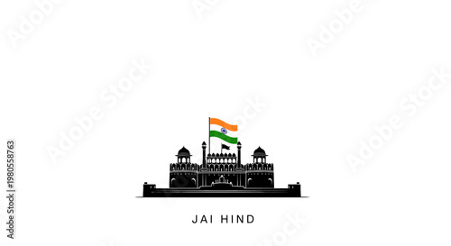 Silhouette of Red Fort Delhi with waving Indian flag and Jai Hind text.