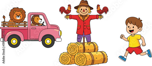 Lion riding pickup truck scarecrow with roosters hay bales and running boy cartoon vector illustration collection for farm and kids design
