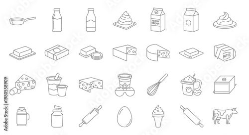 Dairy products and kitchen utensils icons.