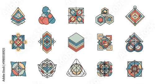 Geometric shapes with colorful patterns.