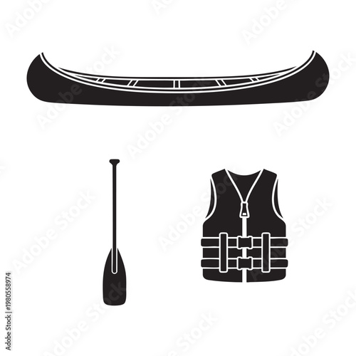 Canoe rowing icons with wooden paddle and life vest set