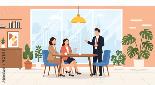 Professional business team having a productive meeting in a modern office with large windows, discussing corporate strategy and projects in a collaborative and bright workspace.