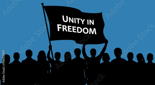 A crowd of diverse people holding a flag with the message Unity in Freedom.