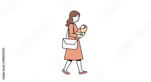 Vector Illustration of a Young Mother Carrying Her Swaddled Newborn Baby While Walking