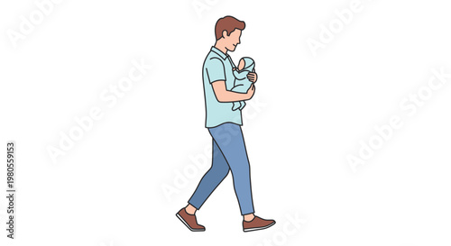 Young Father Walking and Holding His Newborn Baby in His Arms, Vector Illustration of Fatherhood and Parenting
