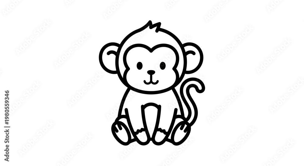 Obraz premium Cute Cartoon Monkey Vector Illustration, Minimalist Black and White Animal Line Art Mascot Isolated on White Background