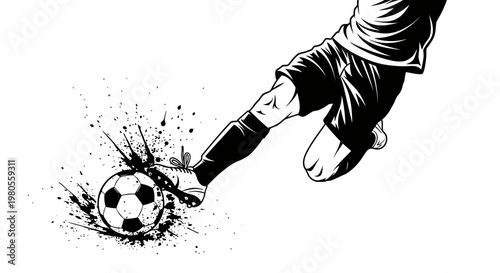 Vector Illustration of a Soccer Player Kicking a Ball with Ink Splashes, Black and White Sport Action Graphic
