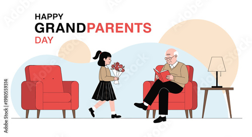 A heartwarming flat vector illustration for grandparents day featuring a young girl giving a beautiful bouquet of flowers to her grandfather who is reading in a cozy chair.