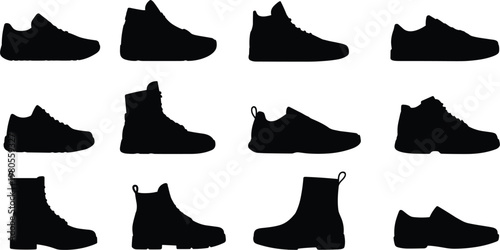 Boots and sneakers silhouette collection illustration, footwear set for fashion retail and design