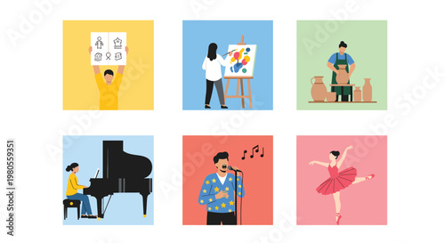 A set of diverse creative hobby icons featuring people painting, playing piano, singing, dancing ballet, making pottery, and holding a sign in a flat modern vector art style.