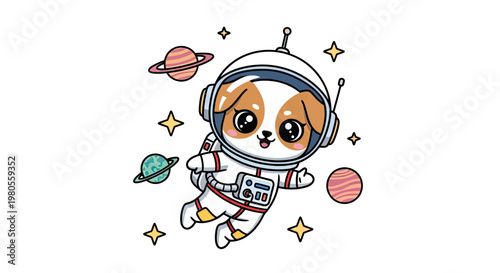 Cute Kawaii Puppy Astronaut Floating in Outer Space with Planets and Stars Vector Illustration