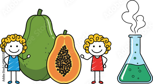 Papaya fruit whole and sliced with children characters and laboratory flask science concept cartoon vector illustration collection