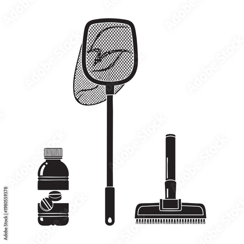 Pool cleaning icons with skimmer net brush and chlorine