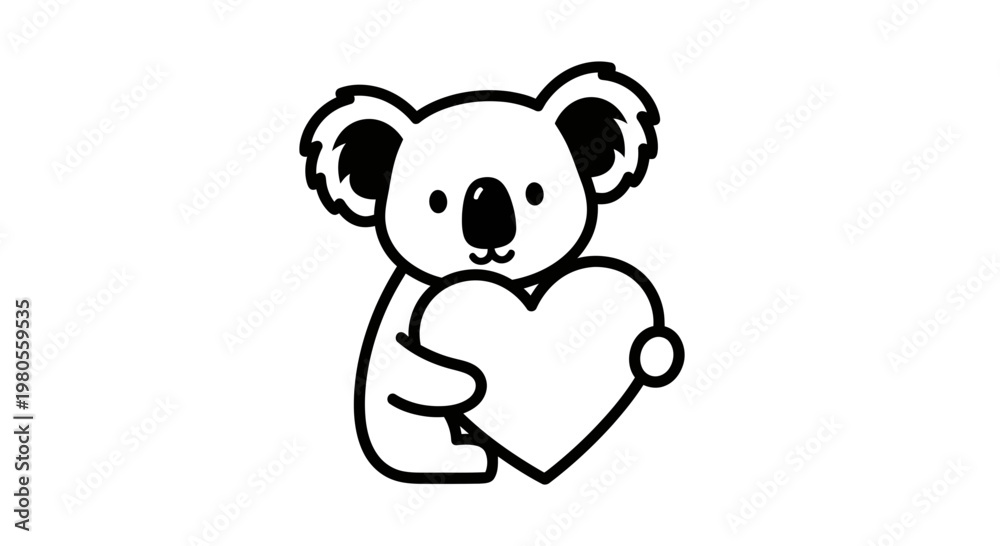 Fototapeta premium Cute Koala Character Holding a Large Heart, Minimalist Black and White Line Art Vector Illustration