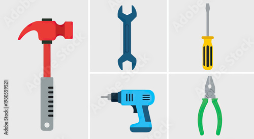 Set of manual and power tools for construction, home renovation, and DIY repair projects including hammer, wrench, screwdriver, drill and pliers