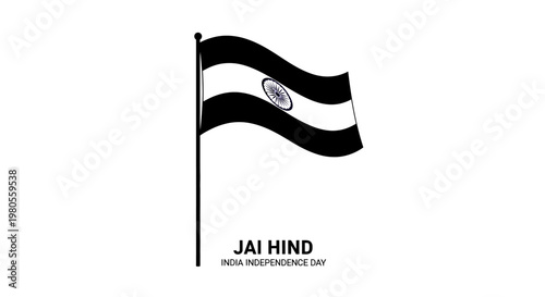 Black and white illustration of the Indian flag waving on a pole.