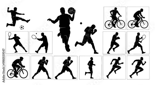Collection of Black Silhouettes of Athletes Performing Various Sports such as Soccer, Basketball, Tennis, Boxing, Cycling, and Running