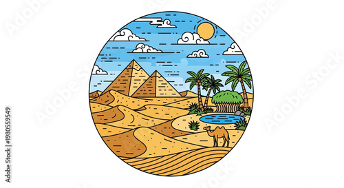 Vector illustration of Egyptian desert landscape featuring Great Pyramids of Giza, camel, and oasis in a circular badge style.