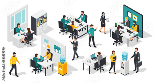 Isometric Business Office Interior with Professionals Working at Desks, Collaborating, and Using Laptops in a Modern Corporate Workspace