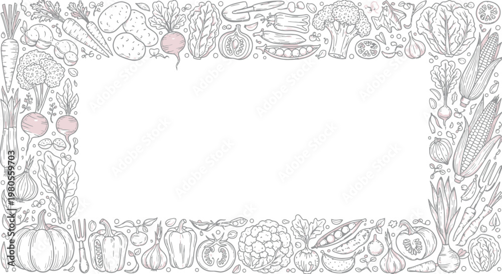 Obraz premium Hand Drawn Vegetable Border Frame with Healthy Organic Food Sketches for Menu and Harvest Concepts